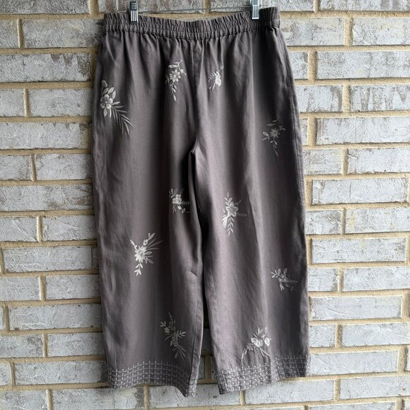 Coldwater Creek Pants - Coldwater Creek 100% Linen Embroidered Floral Elastic Waist Boho Pants Size M